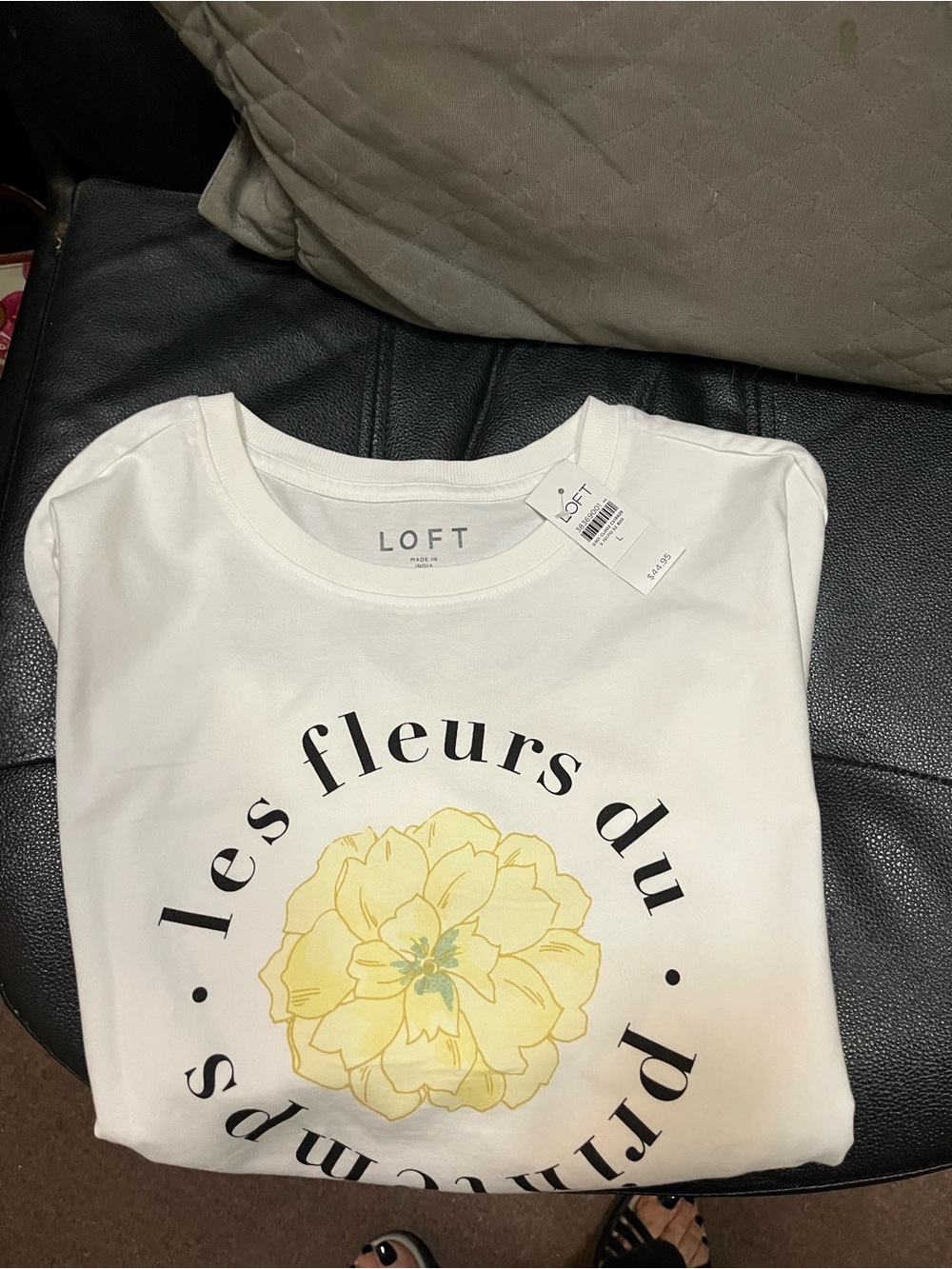 LOFT White Tee with Yellow Floral Graphic and Black Script